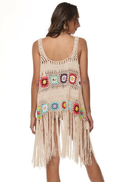 Openwork Fringe Detail Embroidery Sleeveless Cover-Up - Love Salve