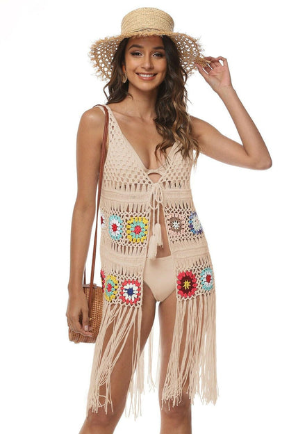 Openwork Fringe Detail Embroidery Sleeveless Cover-Up - Love Salve