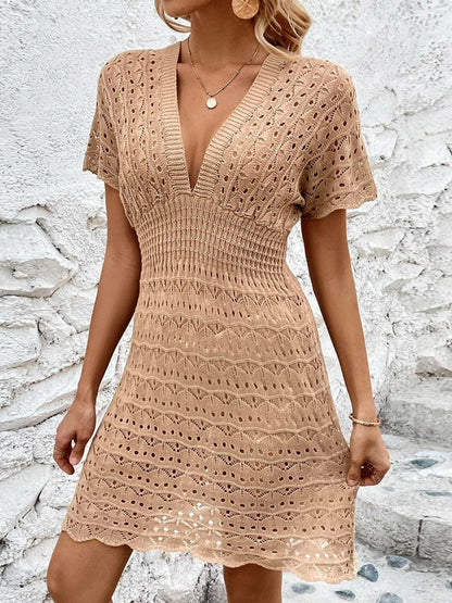 Openwork Plunge Short Sleeve Cover-Up Dress - Love Salve