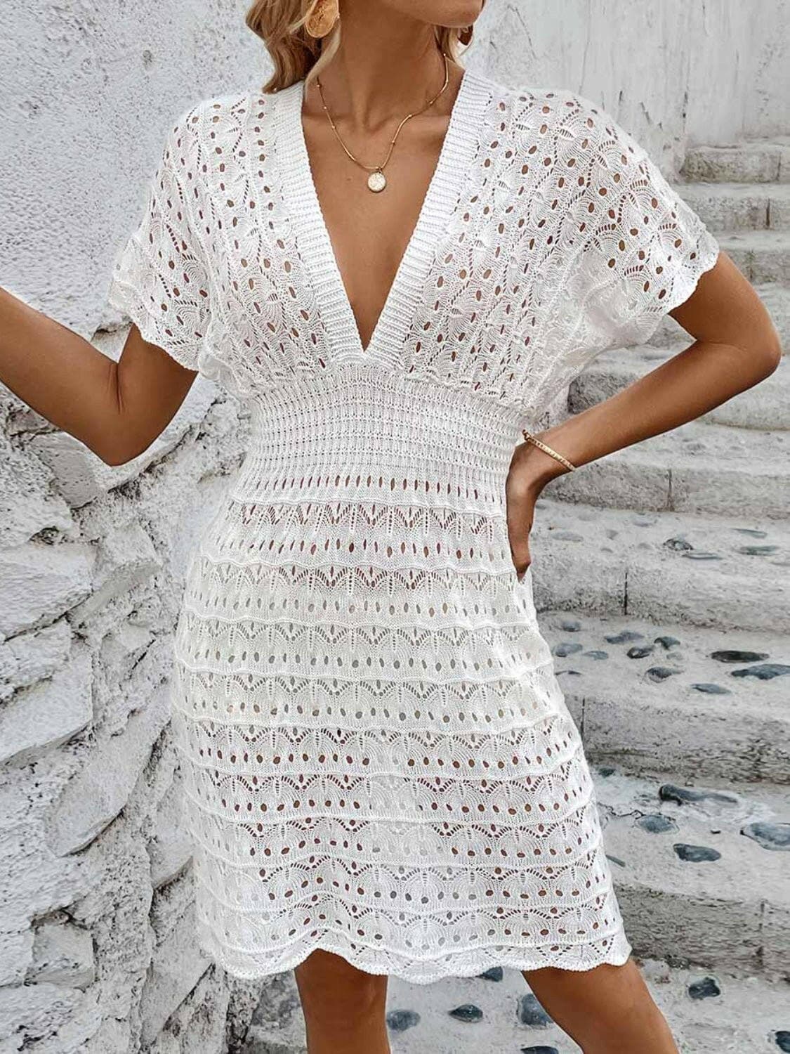 Openwork Plunge Short Sleeve Cover-Up Dress - Love Salve