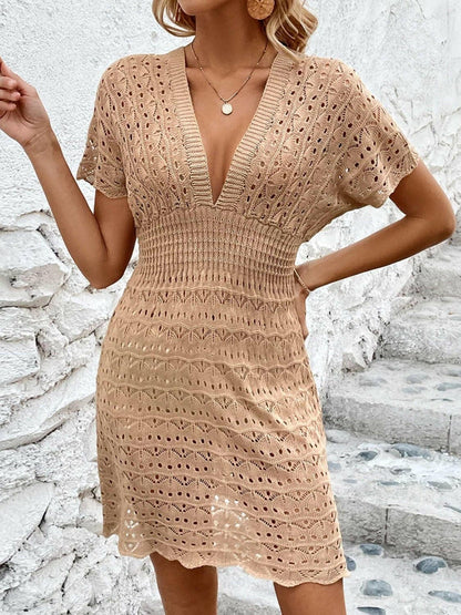 Openwork Plunge Short Sleeve Cover-Up Dress - Love Salve