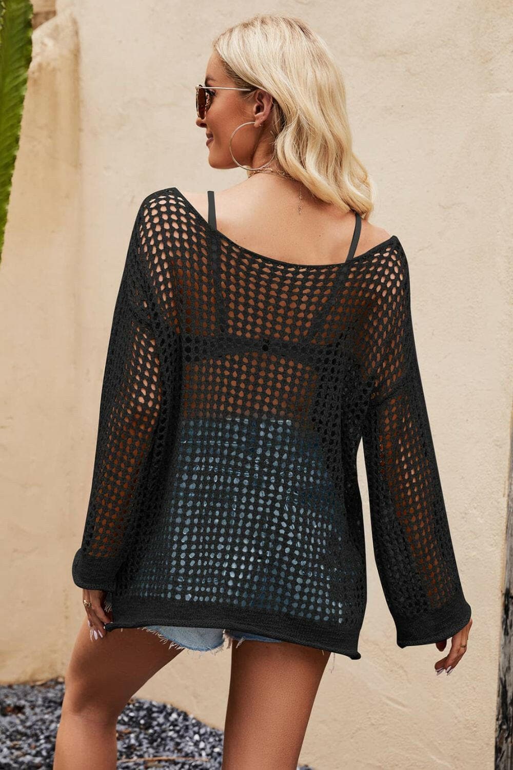 Openwork Round Neck Long Sleeve Cover Up - Love Salve