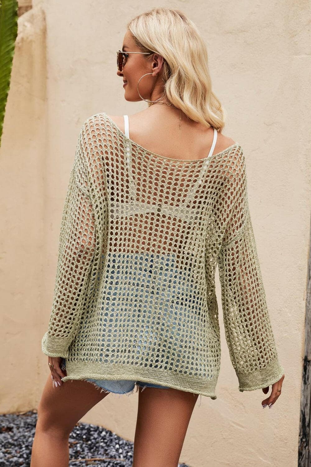 Openwork Round Neck Long Sleeve Cover Up - Love Salve