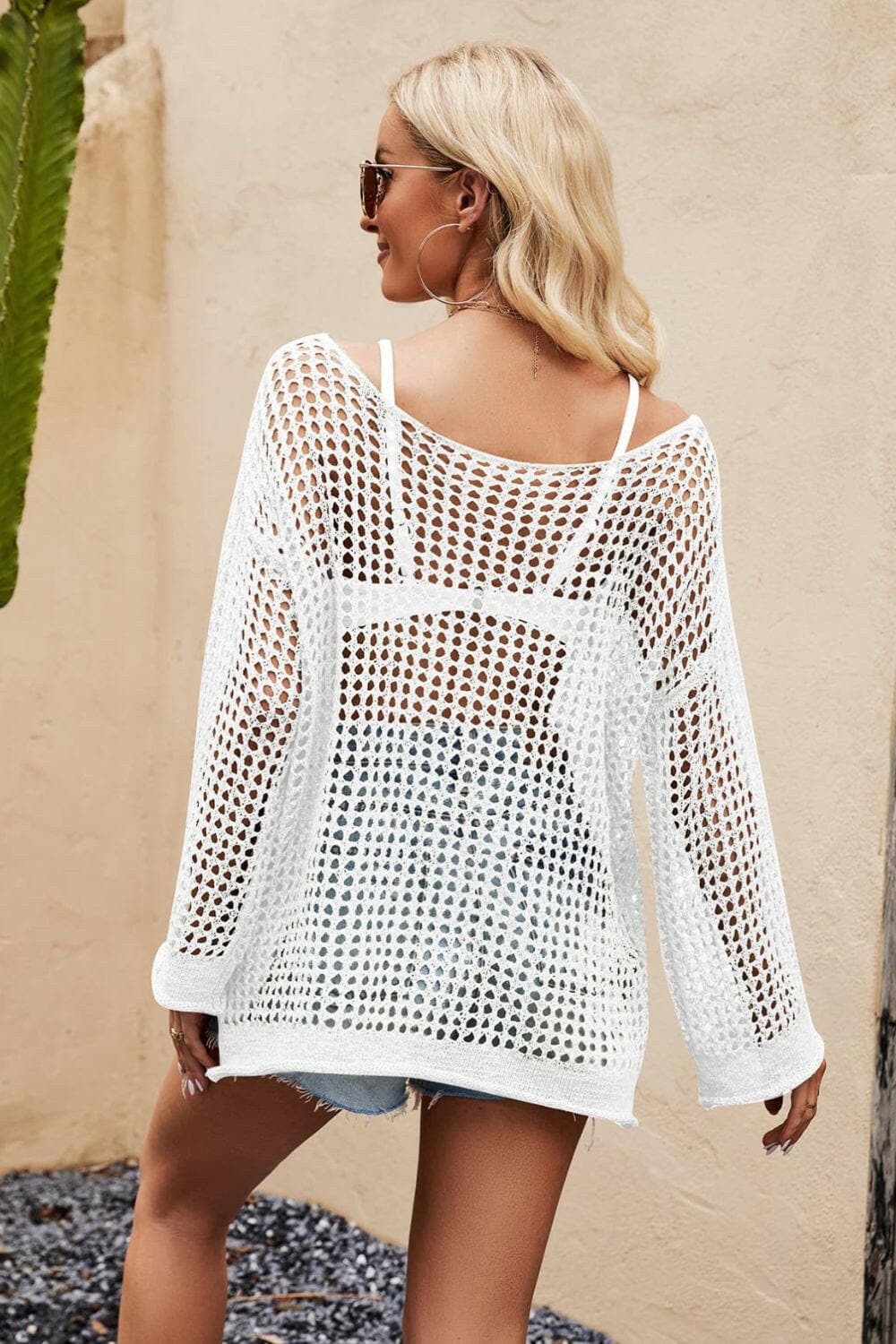 Openwork Round Neck Long Sleeve Cover Up - Love Salve