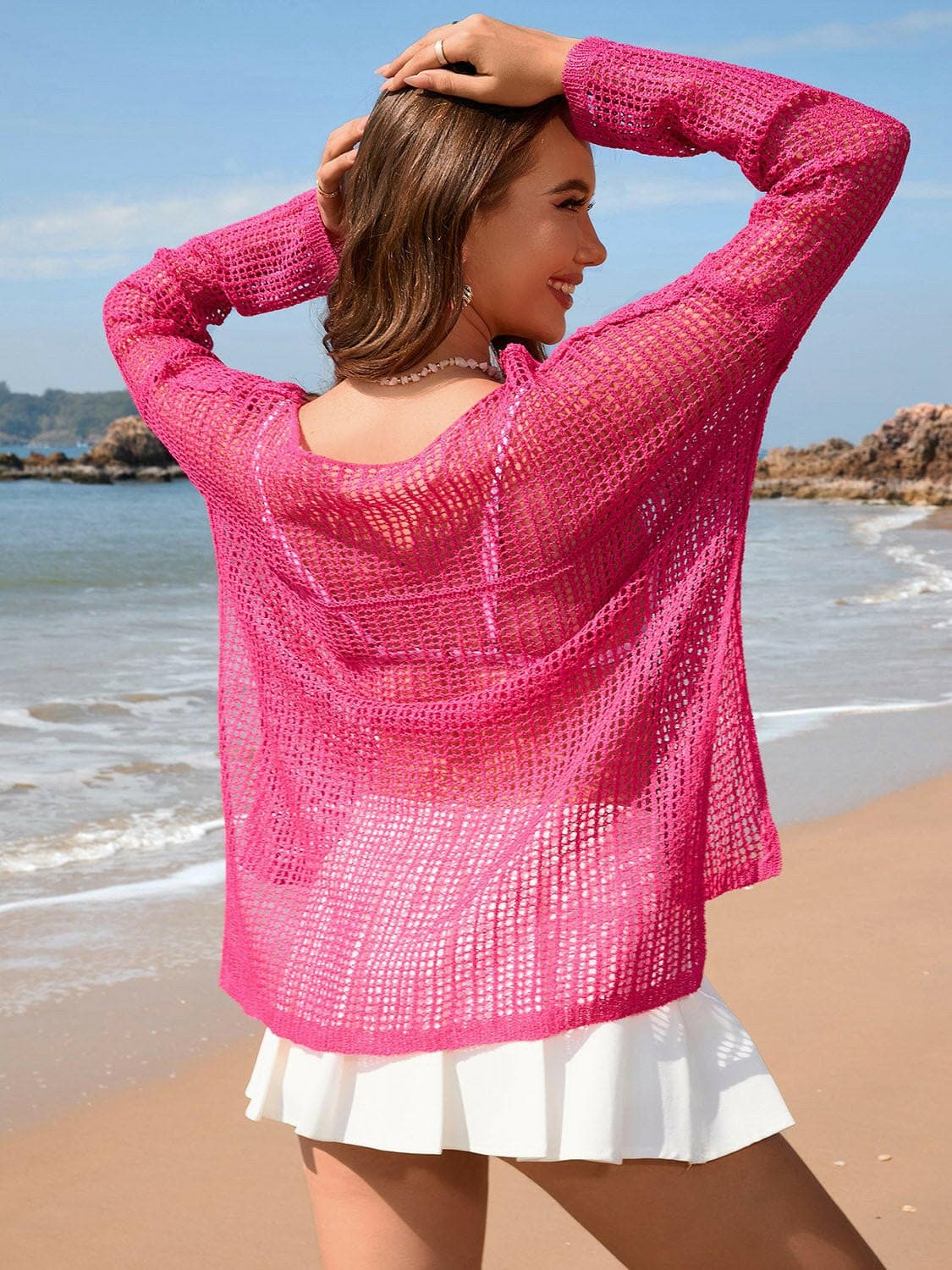 Openwork Slit Boat Neck Long Sleeve Cover-Up - Love Salve