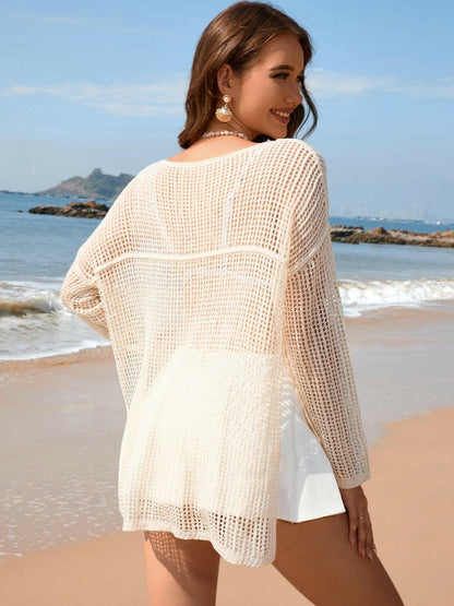 Openwork Slit Boat Neck Long Sleeve Cover-Up - Love Salve