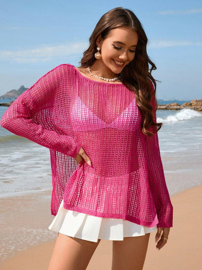 Openwork Slit Boat Neck Long Sleeve Cover-Up - Love Salve