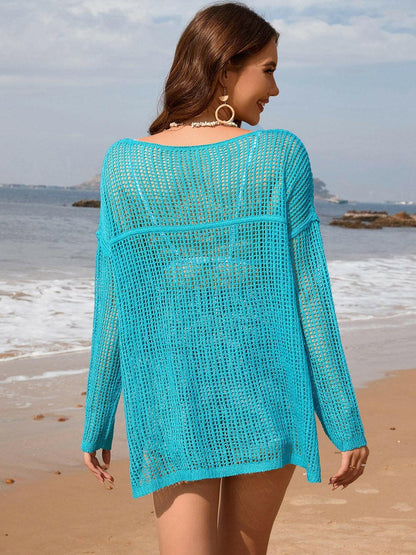 Openwork Slit Boat Neck Long Sleeve Cover-Up - Love Salve