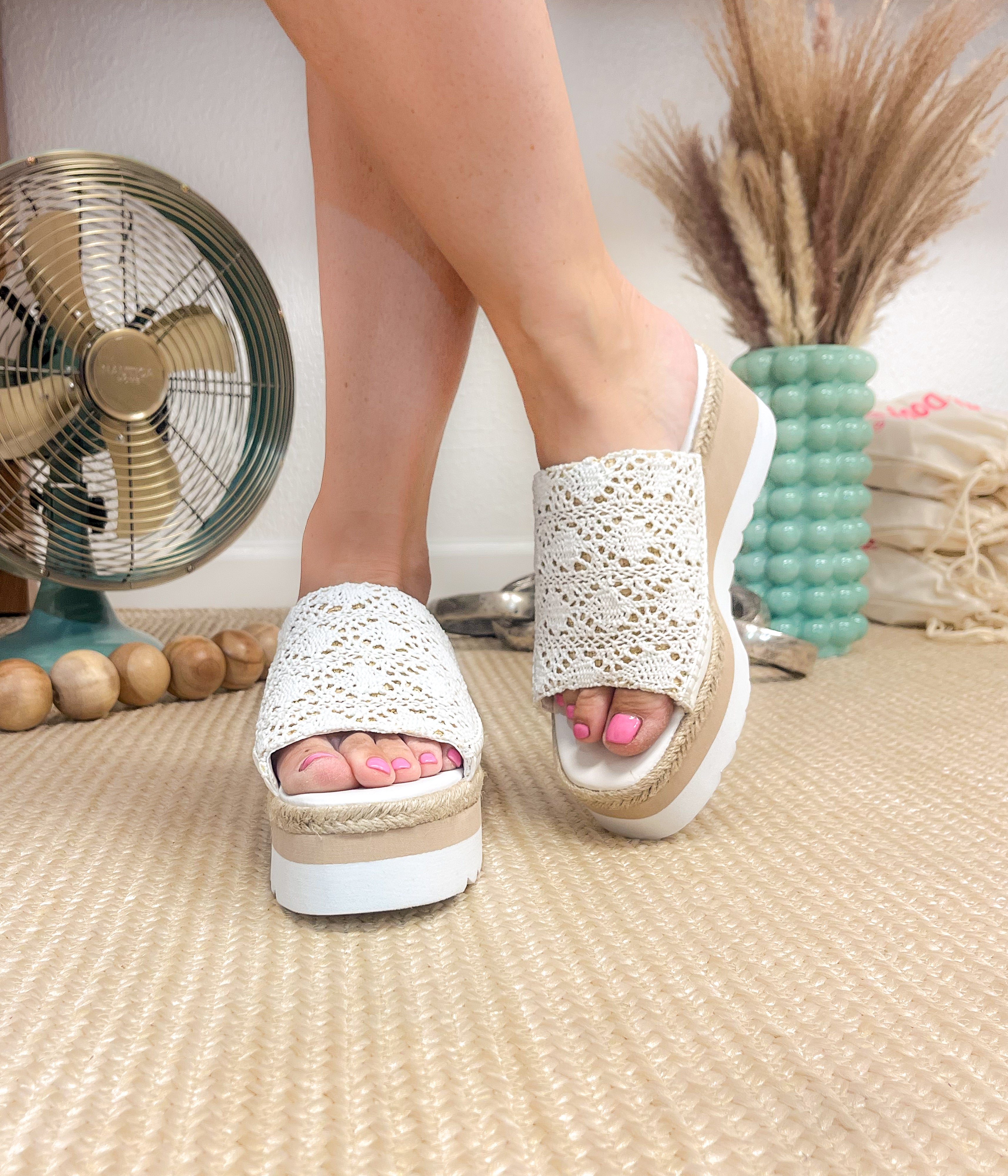 Ophelia Wedges White Cork Leather Footbed 3 Inch Heel Naughty Monkey