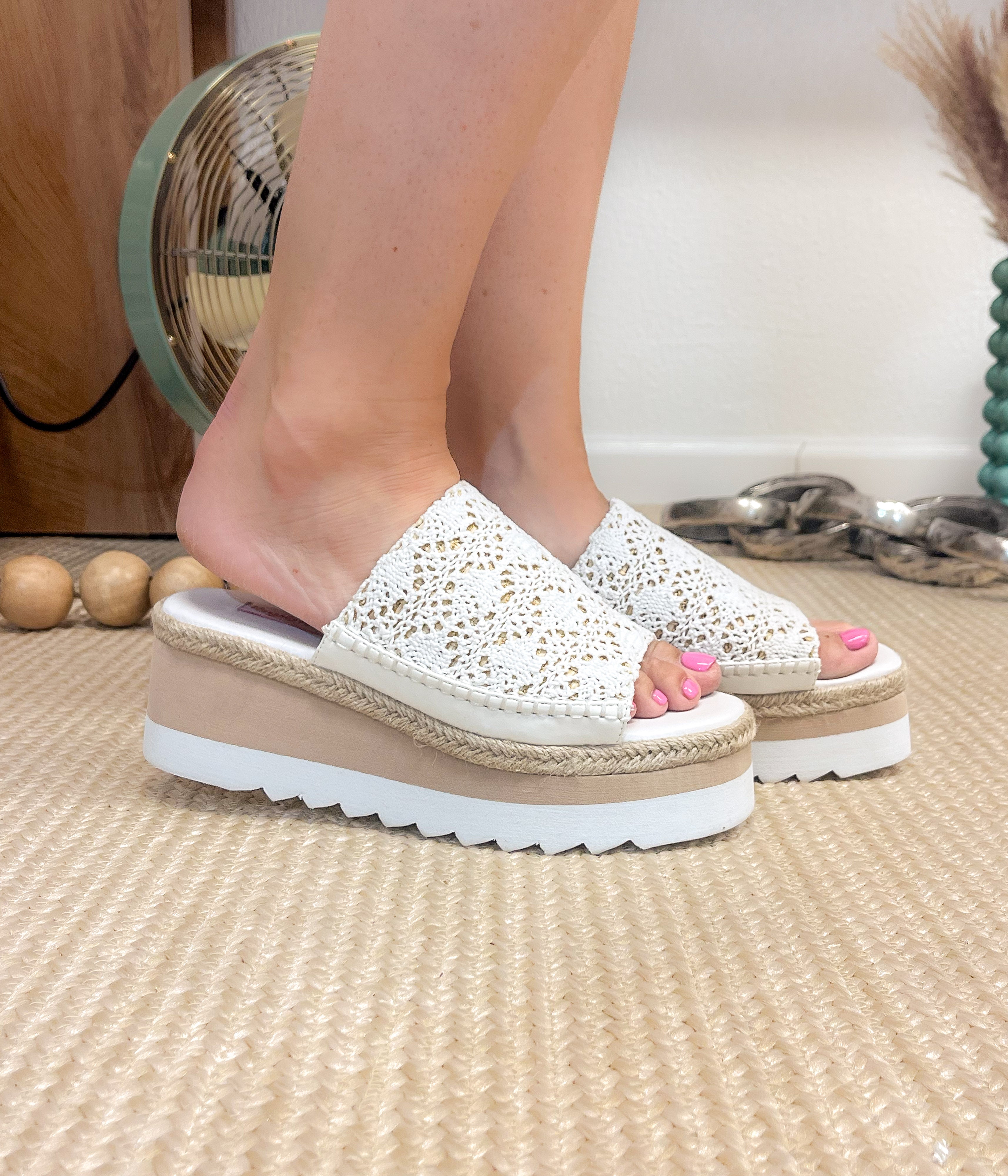 Ophelia Wedges White Cork Leather Footbed 3 Inch Heel Naughty Monkey