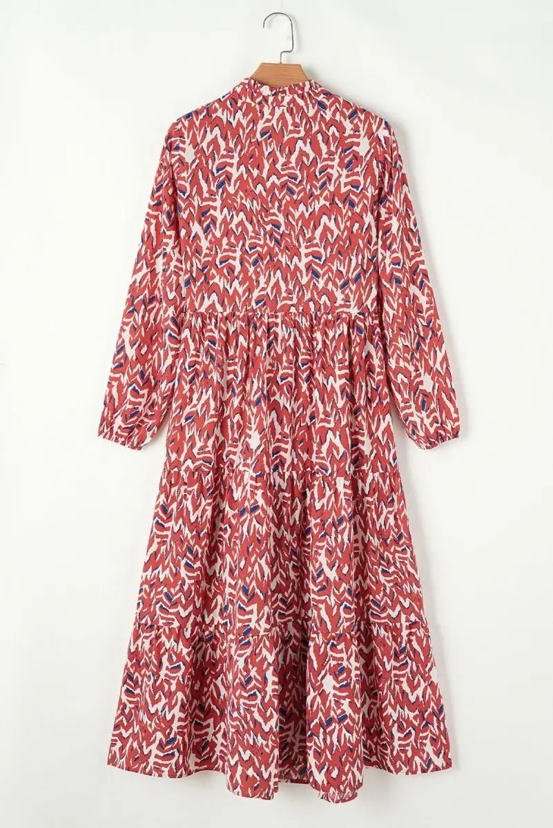 Orange Abstract Print V Neck Pleated High Waist Midi Dress - Love Salve 