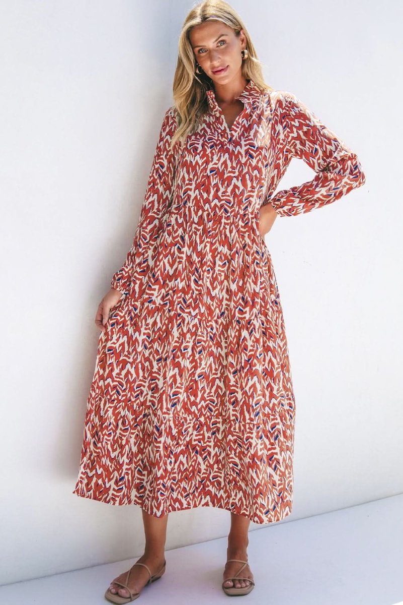 Orange Abstract Print V Neck Pleated High Waist Midi Dress - Love Salve 
