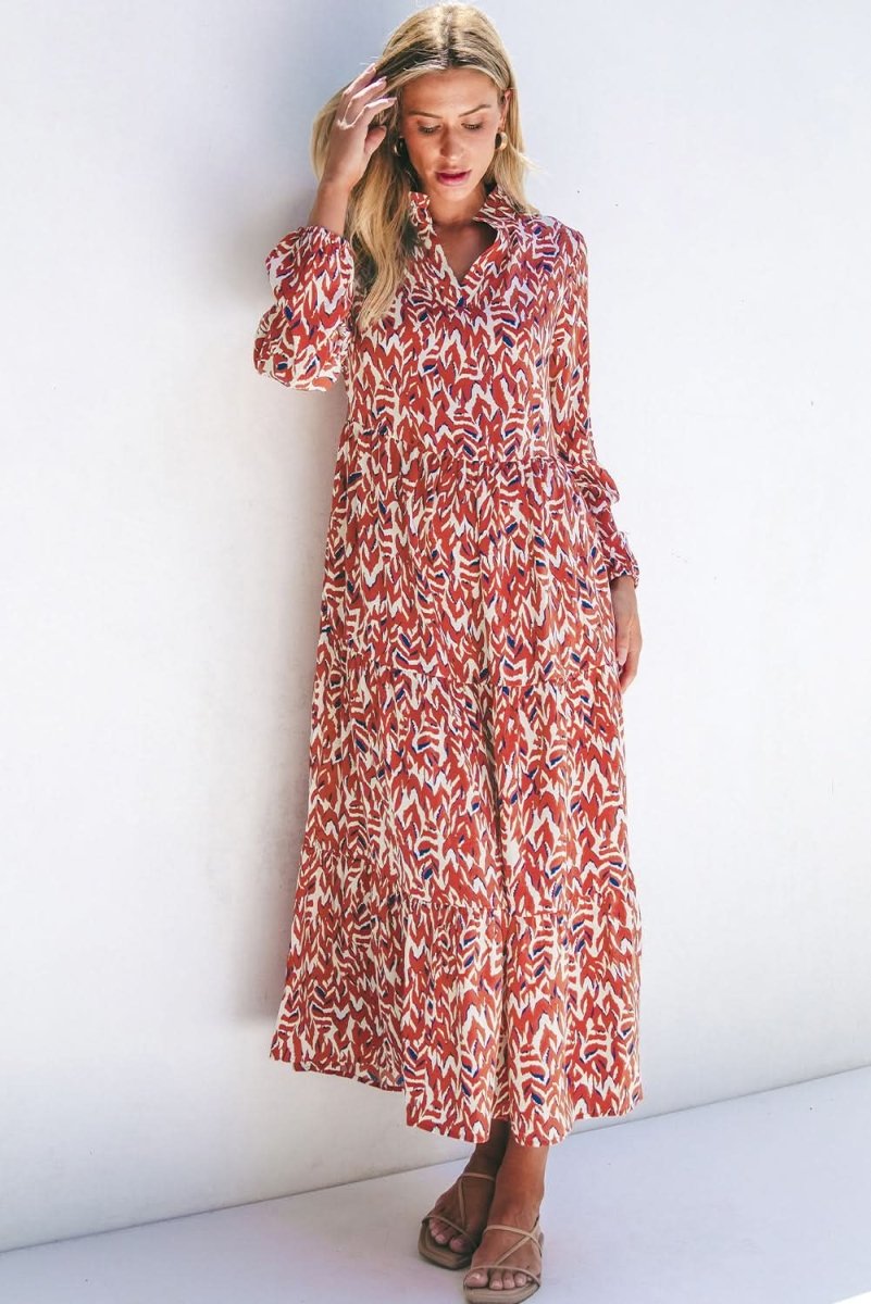 Orange Abstract Print V Neck Pleated High Waist Midi Dress - Love Salve 