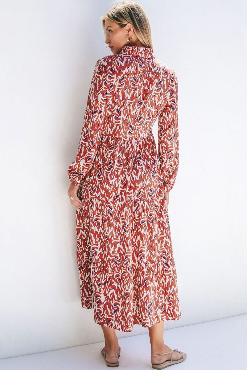 Orange Abstract Print V Neck Pleated High Waist Midi Dress - Love Salve 
