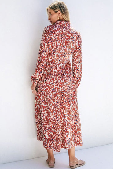 Orange Abstract Print V Neck Pleated High Waist Midi Dress - Love Salve 