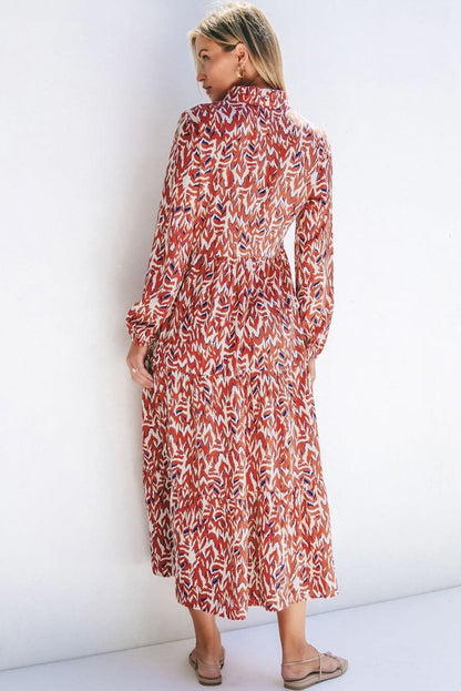 Orange Abstract Print V Neck Pleated High Waist Midi Dress - Love Salve 