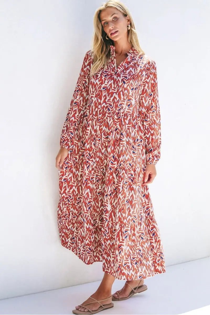 Orange Abstract Print V Neck Pleated High Waist Midi Dress - Love Salve 