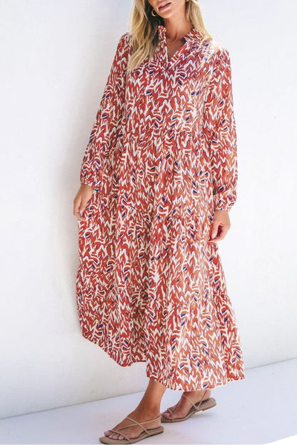 Orange Abstract Print V Neck Pleated High Waist Midi Dress - Love Salve 