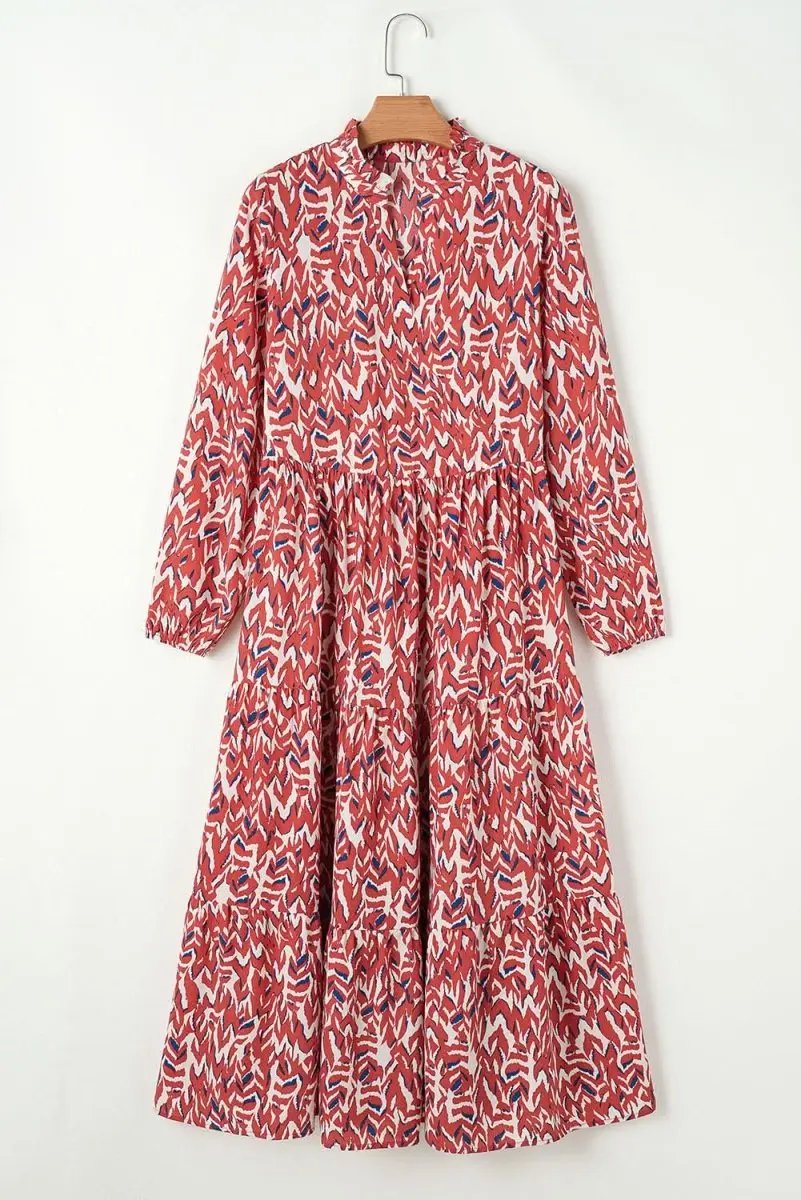 Orange Abstract Print V Neck Pleated High Waist Midi Dress - Love Salve 