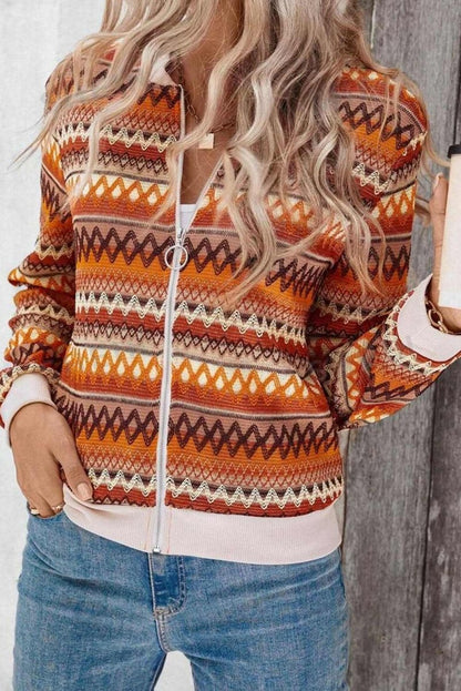 Orange Boho Striped Zip Up Long Sleeve Jacket - Love Salve 