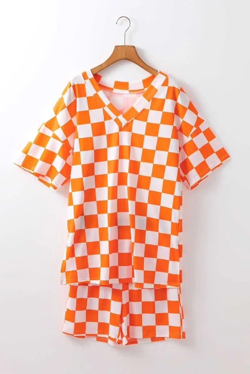 Orange Checkerboard Print V Neck Loose Tee and Shorts Lounge Set - Love Salve 