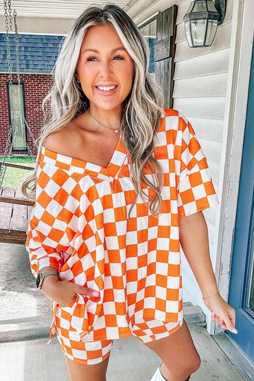 Orange Checkerboard Print V Neck Loose Tee and Shorts Lounge Set - Love Salve 