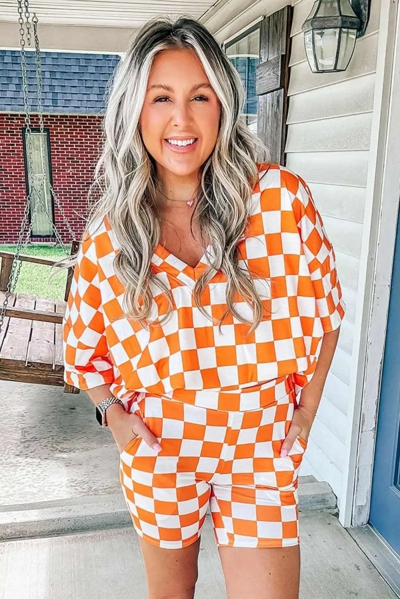 Orange Checkerboard Print V Neck Loose Tee and Shorts Lounge Set - Love Salve 