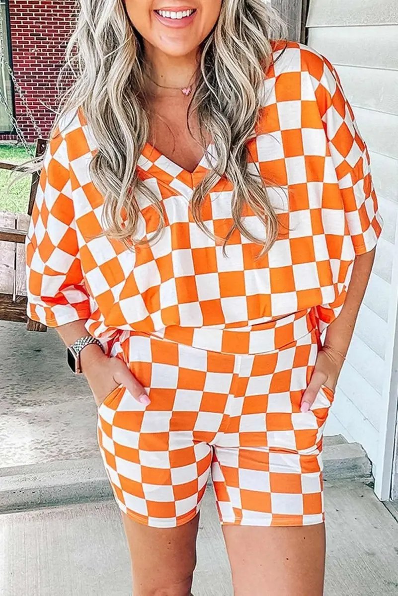 Orange Checkerboard Print V Neck Loose Tee and Shorts Lounge Set - Love Salve 