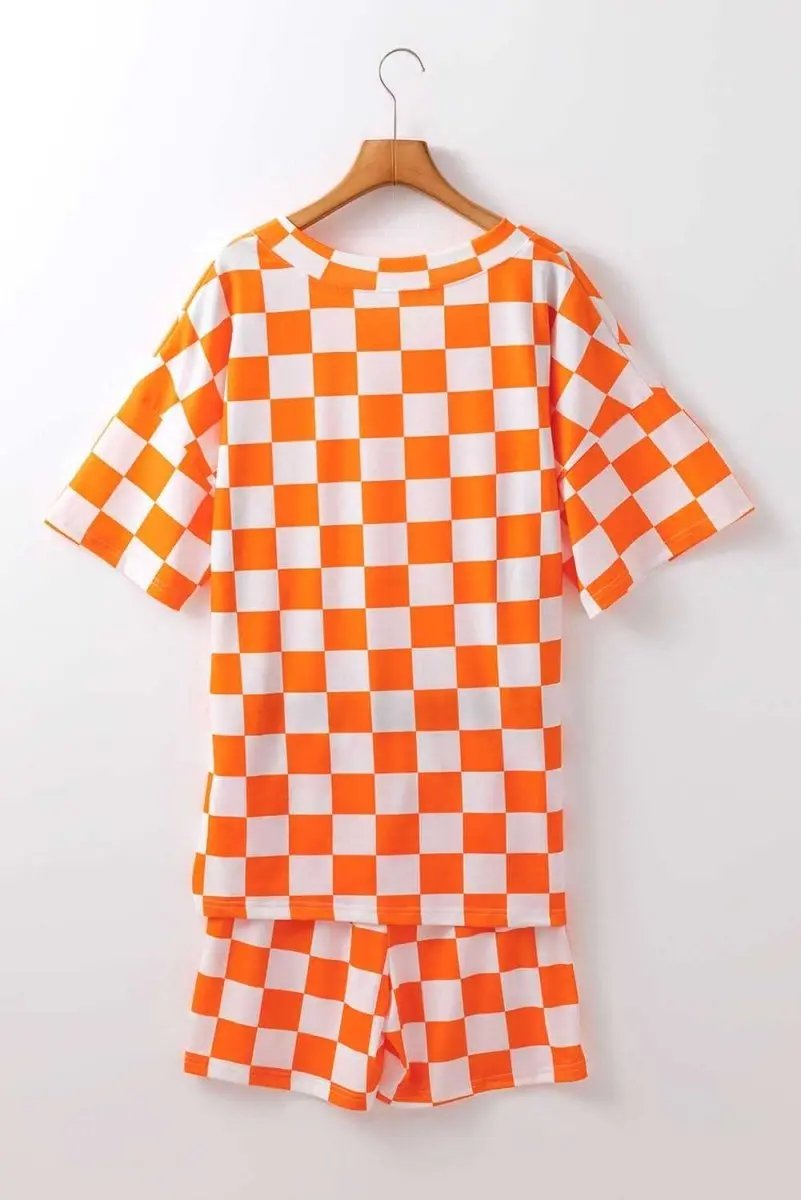 Orange Checkerboard Print V Neck Loose Tee and Shorts Lounge Set - Love Salve 