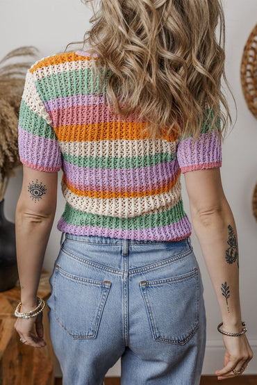 Orange Colorblock Striped Pointelle Knit V Neck Crop Sweater - Love Salve