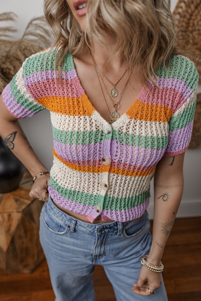 Orange Colorblock Striped Pointelle Knit V Neck Crop Sweater - Love Salve