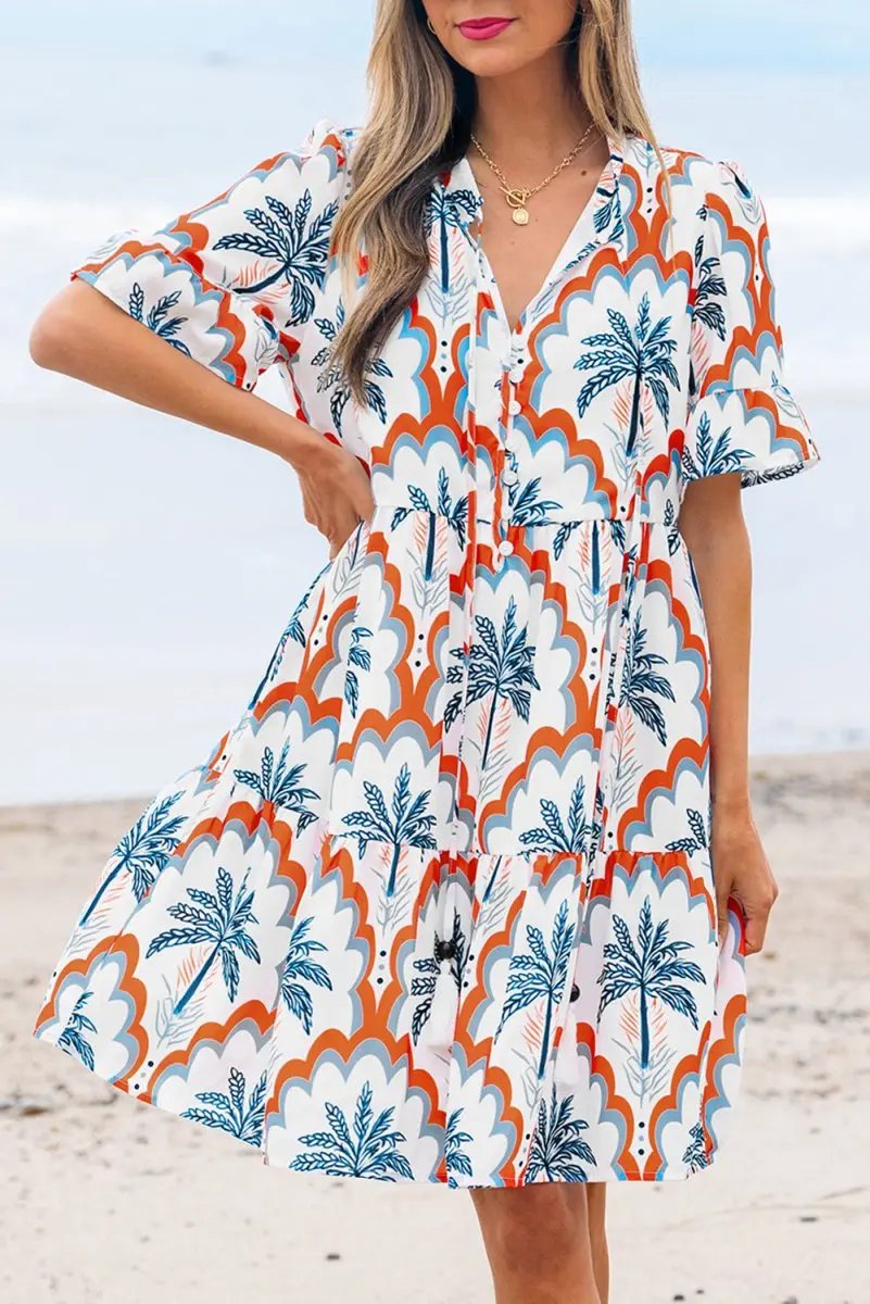 Orange Contrast Palm Tree Printed Short Sleeve Flowy Dress - Love Salve 