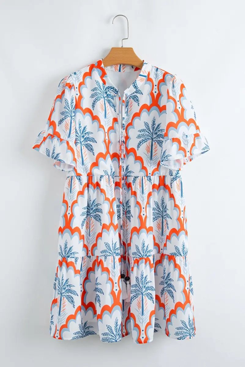 Orange Contrast Palm Tree Printed Short Sleeve Flowy Dress - Love Salve 