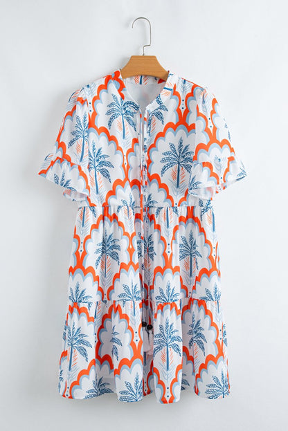 Orange Contrast Palm Tree Printed Short Sleeve Flowy Dress - Love Salve 