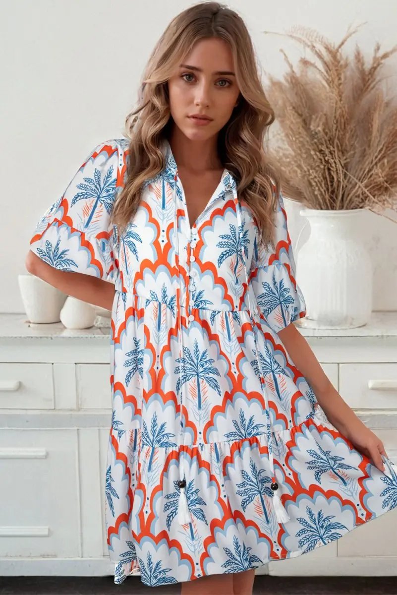 Orange Contrast Palm Tree Printed Short Sleeve Flowy Dress - Love Salve 