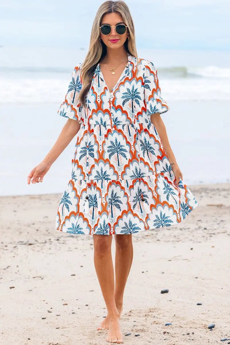 Orange Contrast Palm Tree Printed Short Sleeve Flowy Dress - Love Salve 