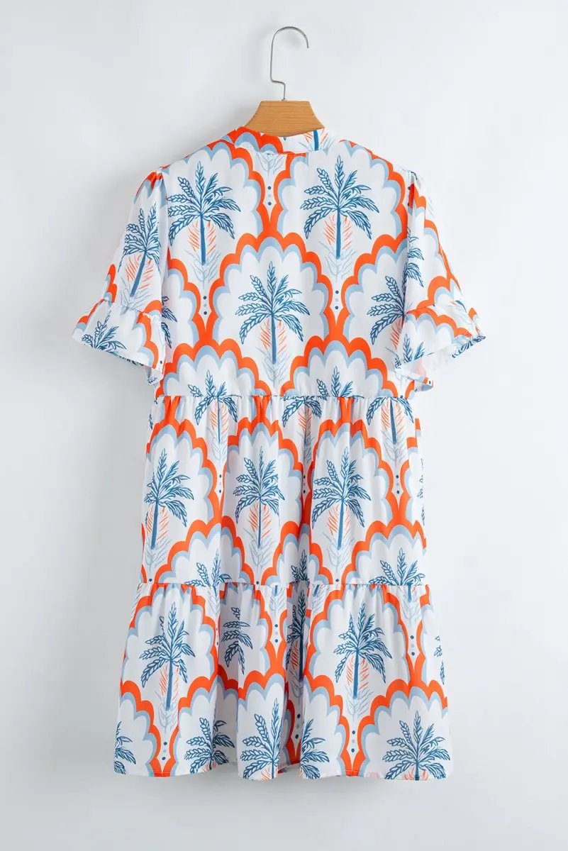 Orange Contrast Palm Tree Printed Short Sleeve Flowy Dress - Love Salve 
