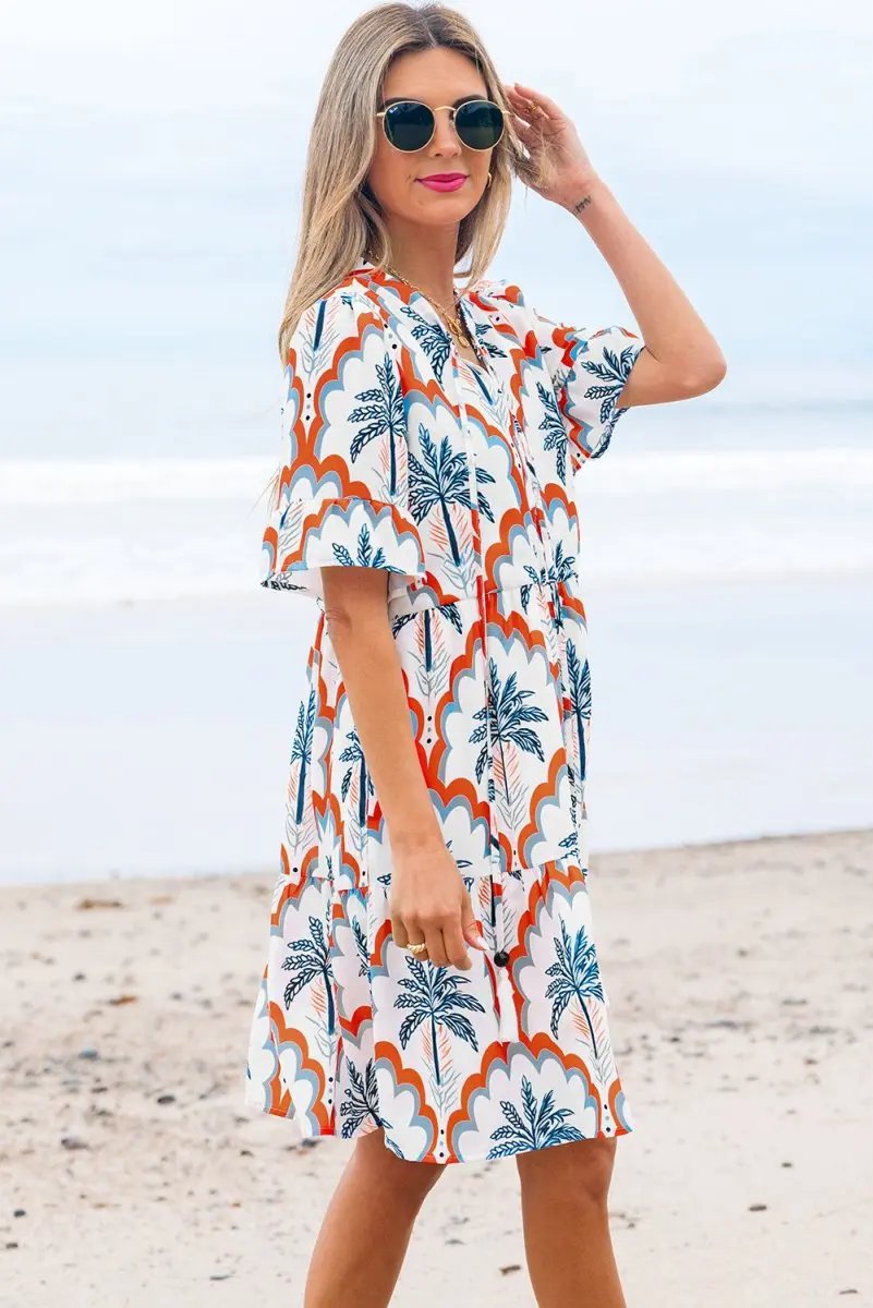 Orange Contrast Palm Tree Printed Short Sleeve Flowy Dress - Love Salve 