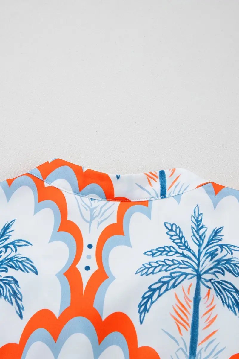 Orange Contrast Palm Tree Printed Short Sleeve Flowy Dress - Love Salve 