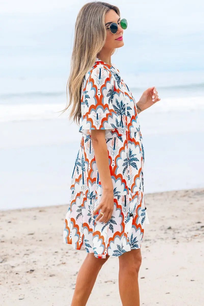 Orange Contrast Palm Tree Printed Short Sleeve Flowy Dress - Love Salve 