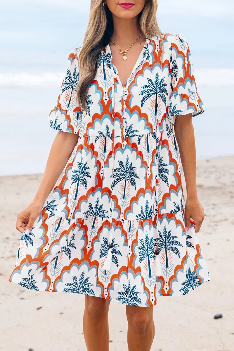 Orange Contrast Palm Tree Printed Short Sleeve Flowy Dress - Love Salve 