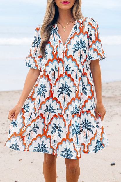 Orange Contrast Palm Tree Printed Short Sleeve Flowy Dress - Love Salve 