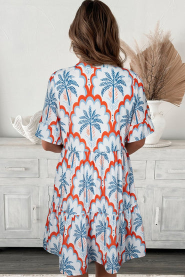Orange Contrast Palm Tree Printed Short Sleeve Flowy Dress - Love Salve 