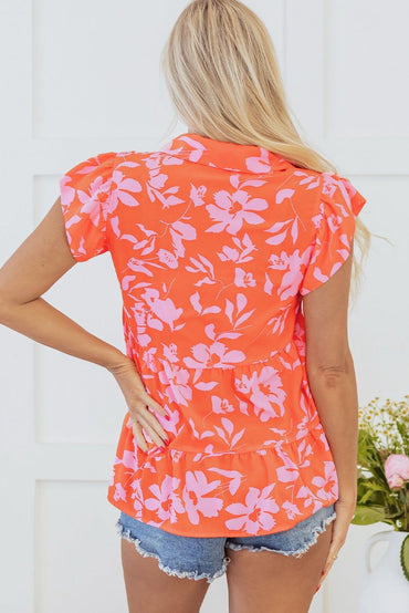Orange Floral Print Collared Button Neckline Flutter Sleeve Blouse - Love Salve 