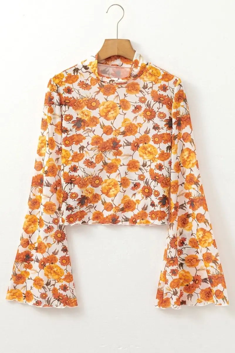 Orange Floral Printed Bell Sleeve Mock Neck Scallop Trim Blouse - Love Salve 