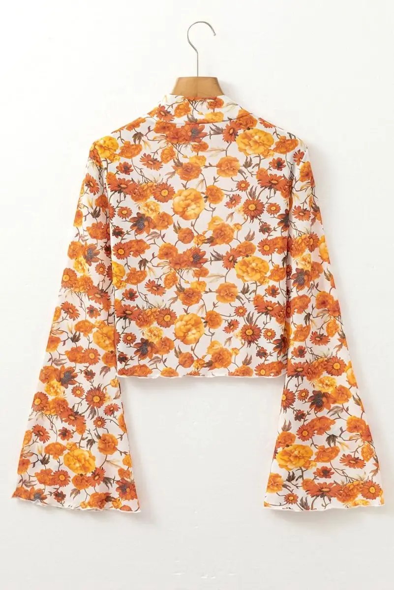 Orange Floral Printed Bell Sleeve Mock Neck Scallop Trim Blouse - Love Salve 