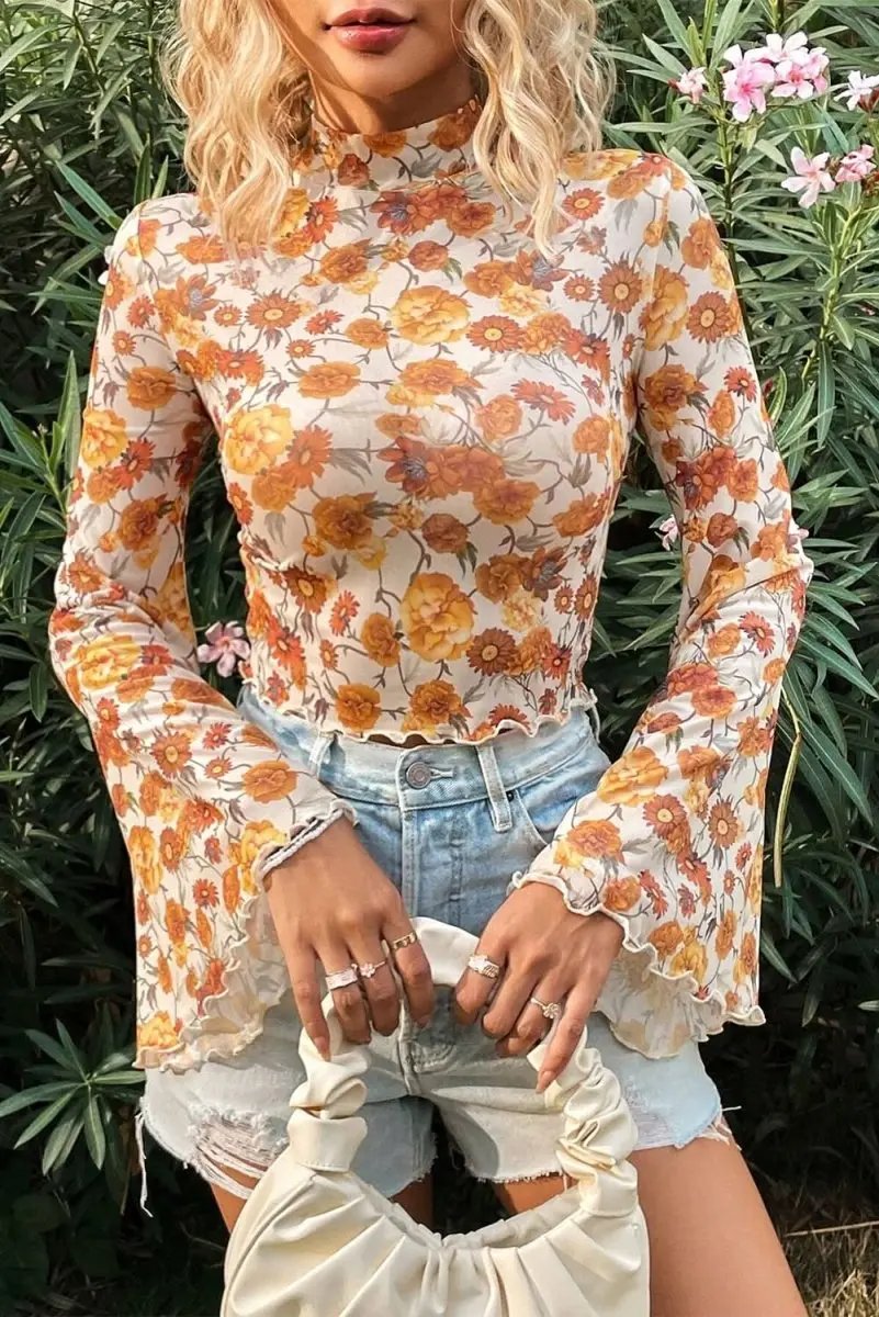 Orange Floral Printed Bell Sleeve Mock Neck Scallop Trim Blouse - Love Salve 