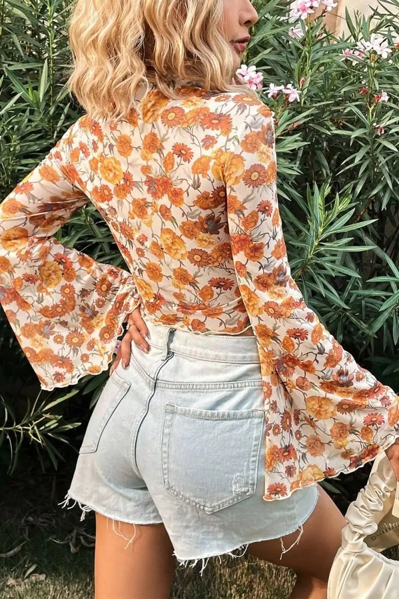 Orange Floral Printed Bell Sleeve Mock Neck Scallop Trim Blouse - Love Salve 