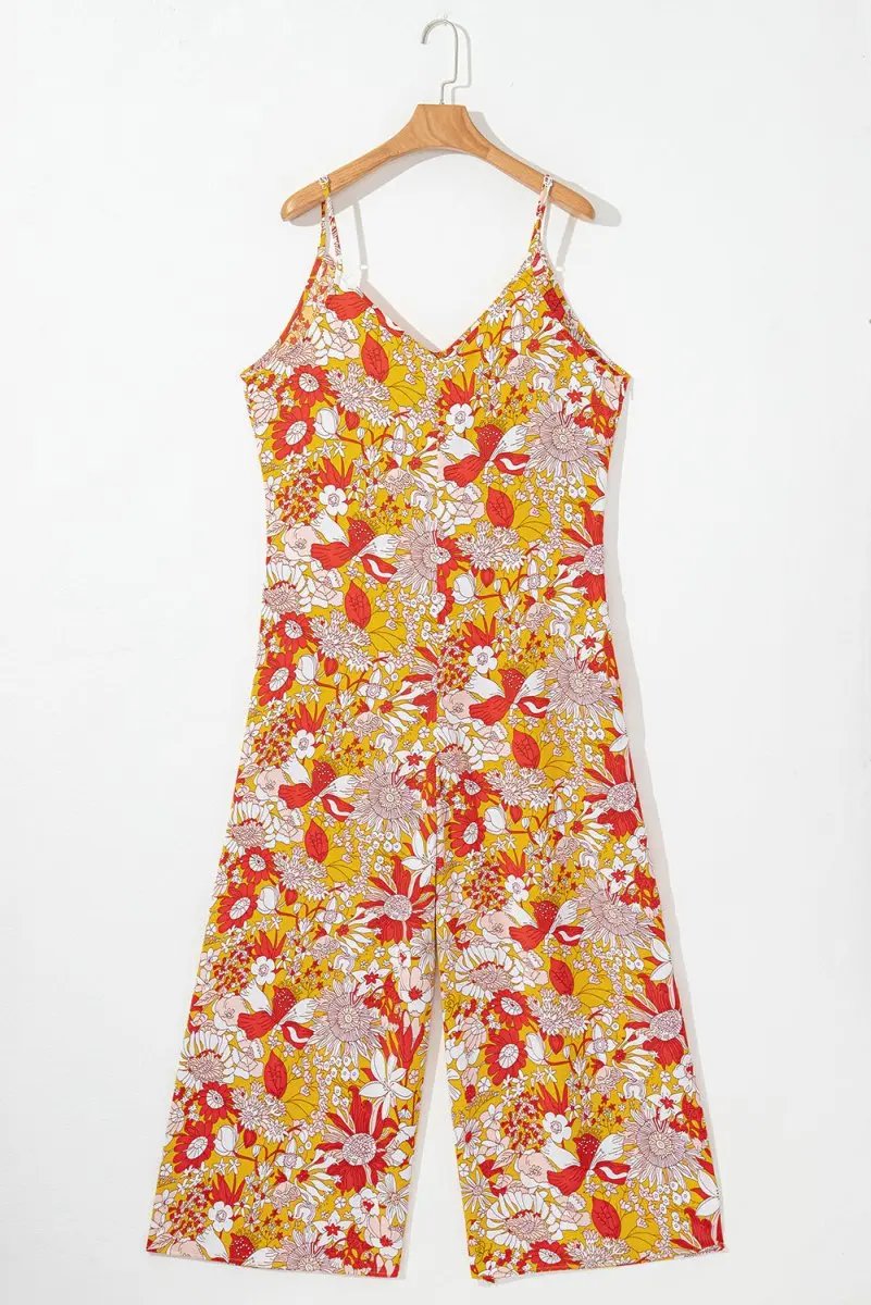 Orange Floral V Neck Wide Leg Sleeveless Jumpsuit - Love Salve 