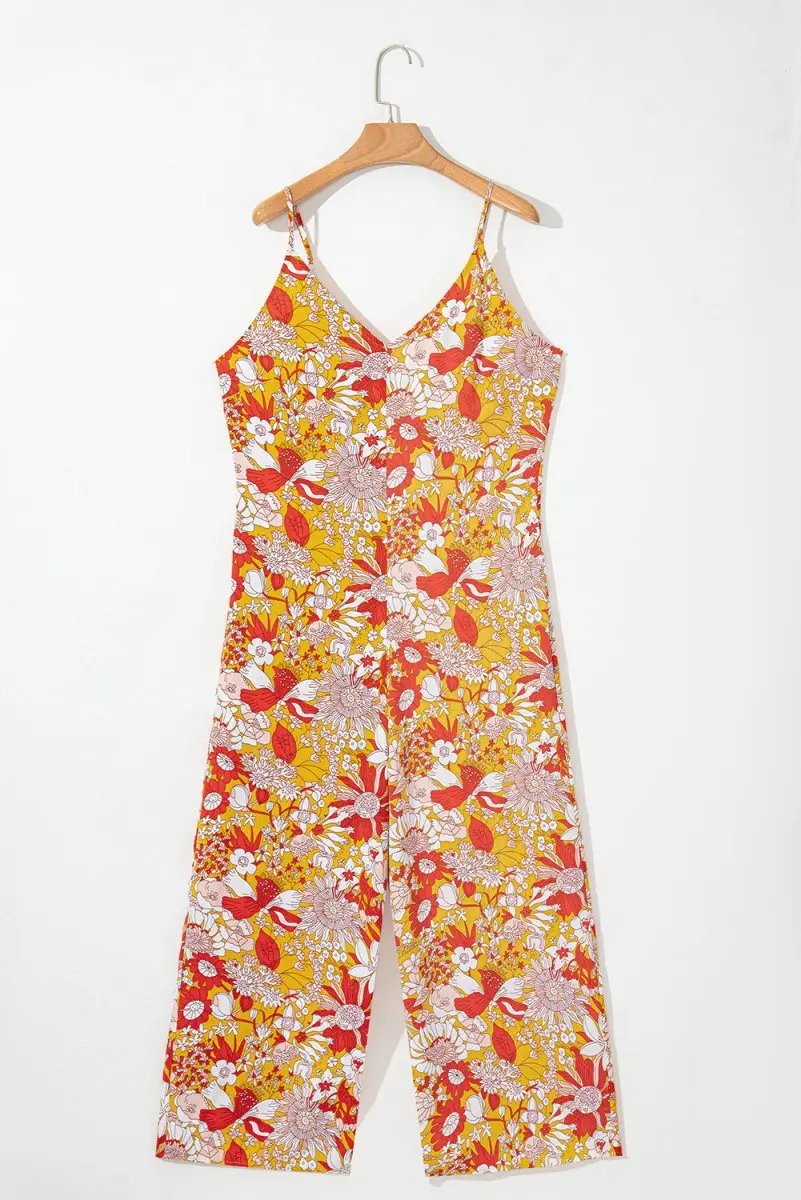 Orange Floral V Neck Wide Leg Sleeveless Jumpsuit - Love Salve 